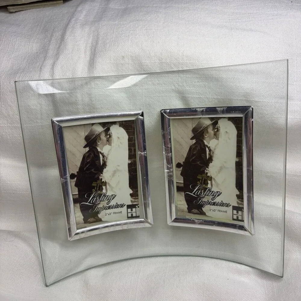 Curved 5.5” X 6.5” Clear Glass With Silver Frame Holds Double 2”x3” Photos